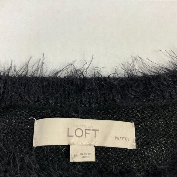 LOFT Womens Fuzzy Sweater Black Shaggy Sequin Long Sleeve Pullover PM Petites - Picture 4 of 11